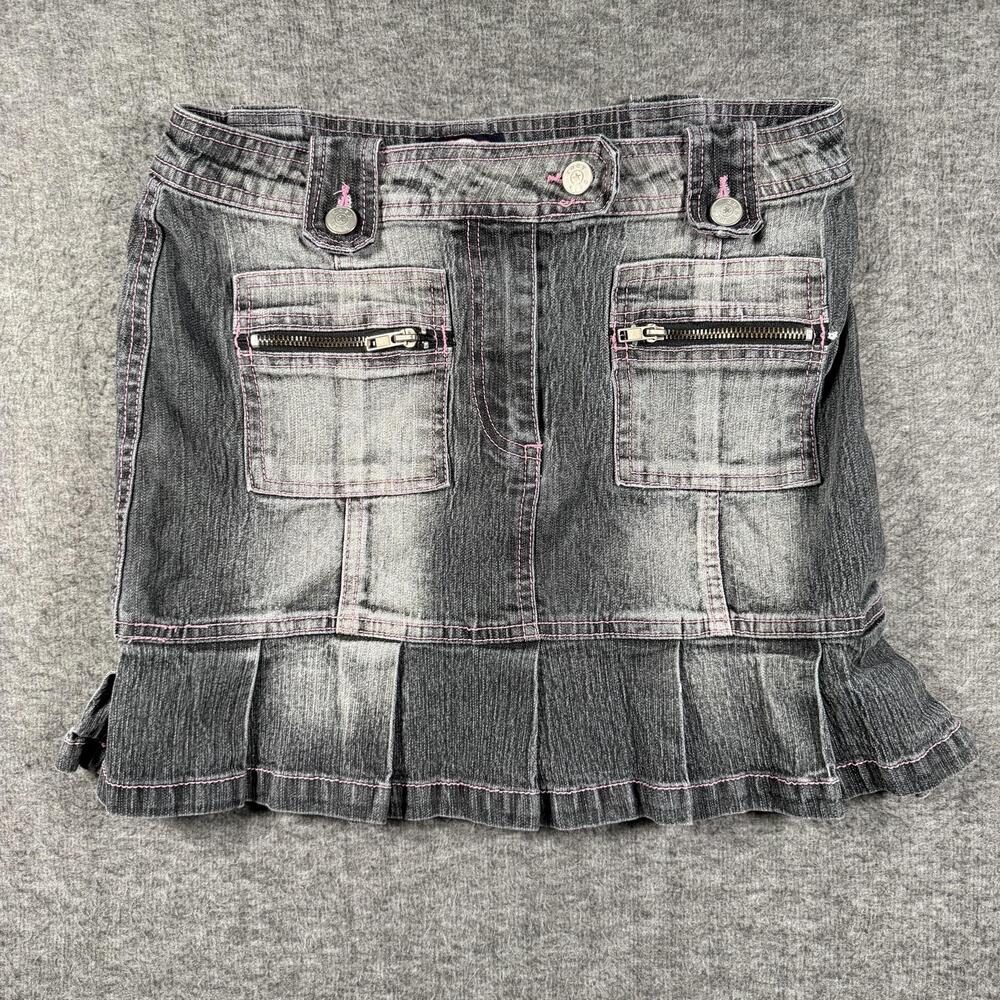 Zoey Beth Skirt Girls Small Gray Denim Pleated Cargo Zip Pocket Mini Maxi Y2K